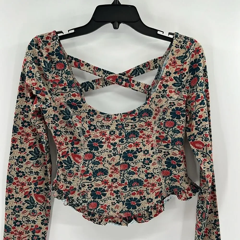 Free People Women's Melanie Floral Long Sleeve Crop Shirt - Sand Combo - S - NWT